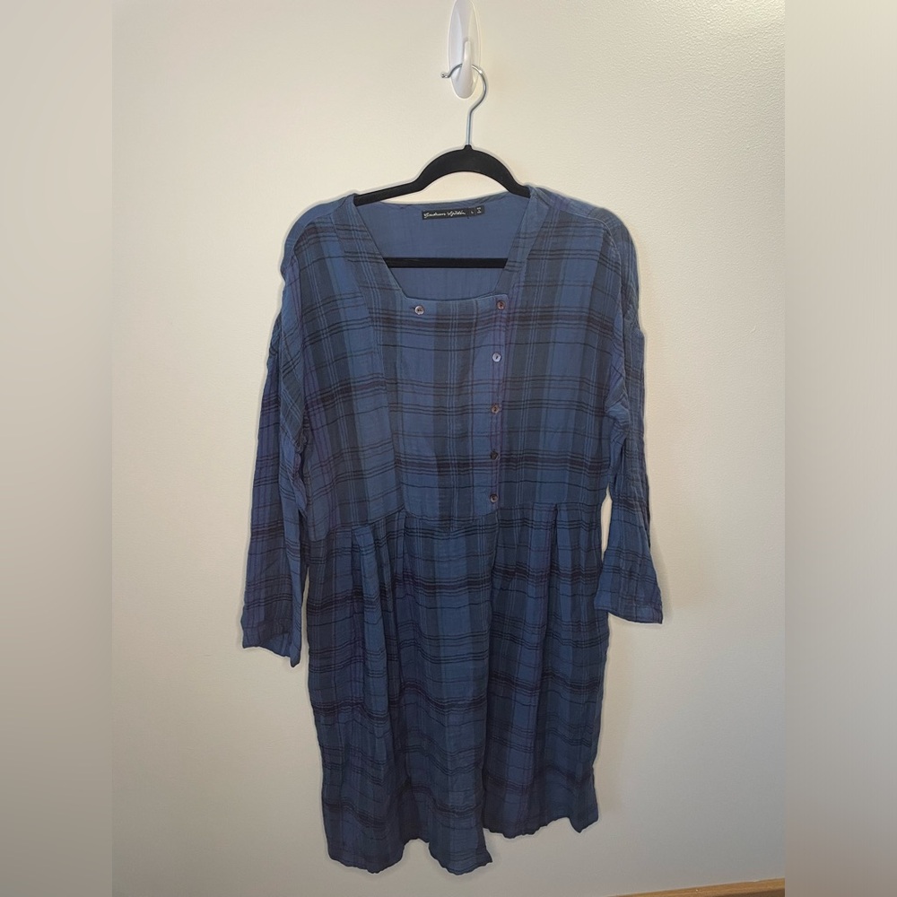 Gudrun Sjoden Blue Plaid Flannel Gauzy Lagenlook Dress